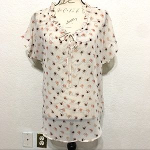 EVERLY FLOWY RUFFLE NECK ELEPHANT PRINT SHEER TOP